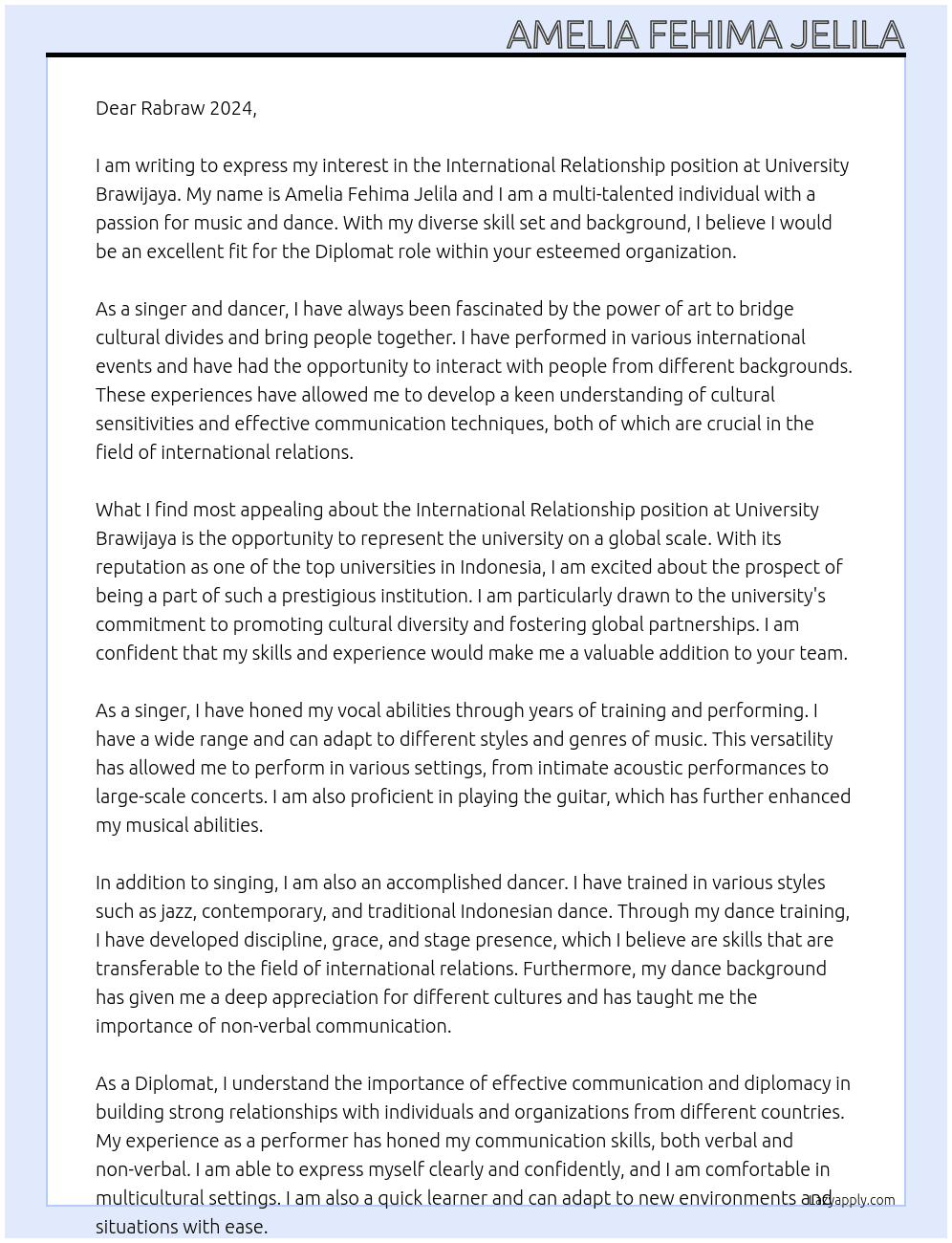 International Relationship At University Brawijaya Cover Letter