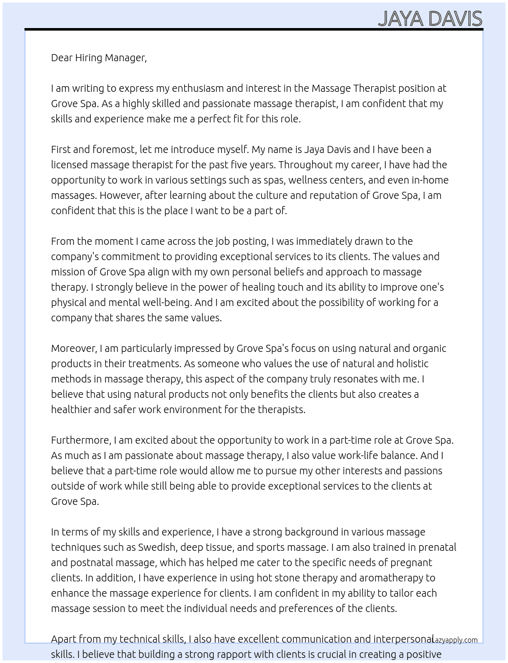 Massage therapist  At Grove spa  Cover Letter