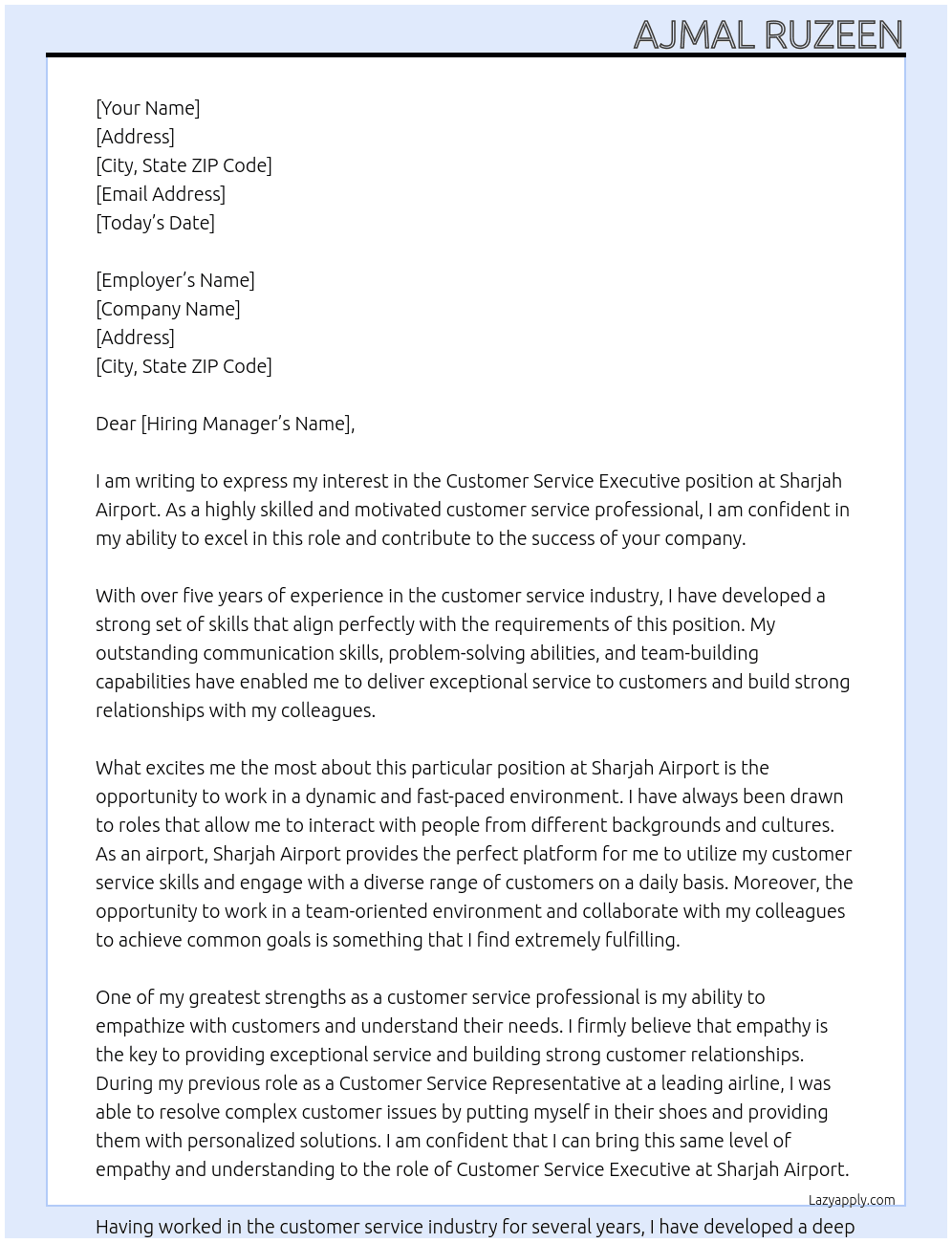Customer service executive At Sharjah airport Cover Letter