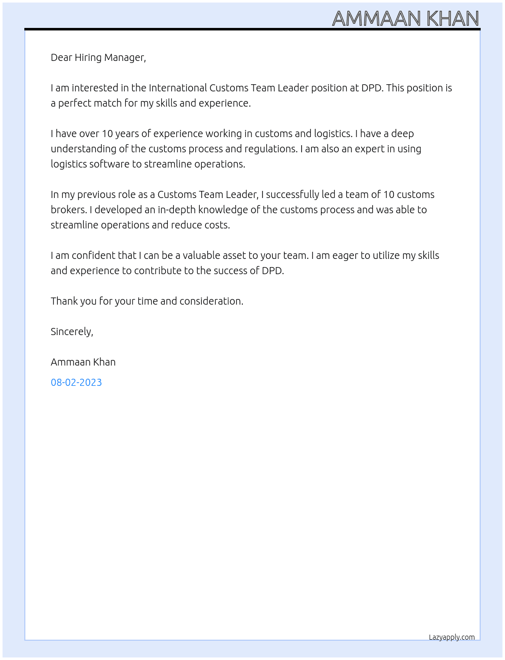 International Customs Team Leader At DPD` Cover Letter