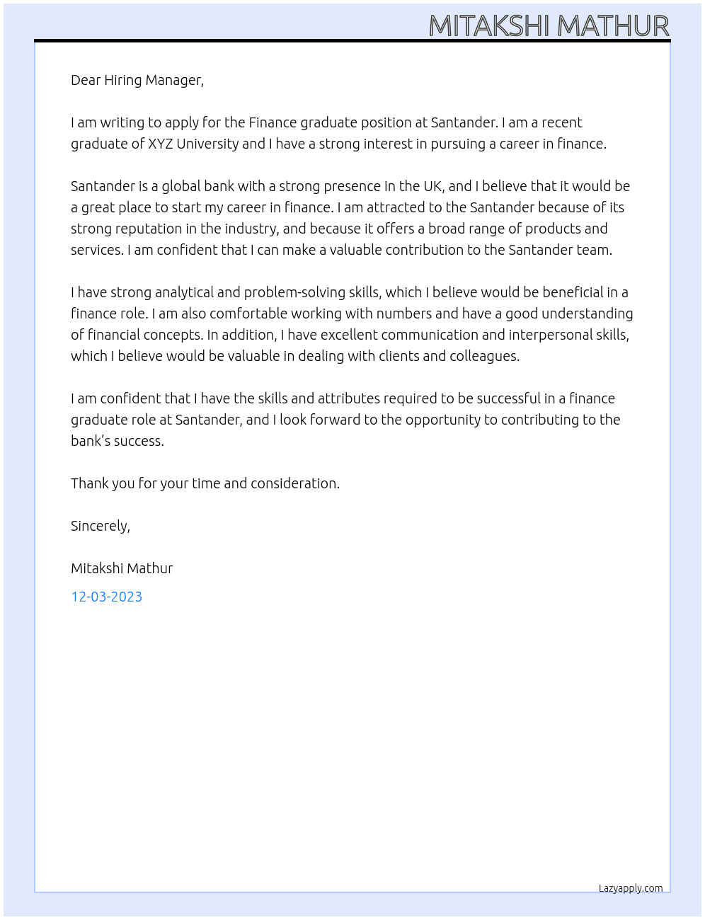 Finance graduate At Santander Cover Letter
