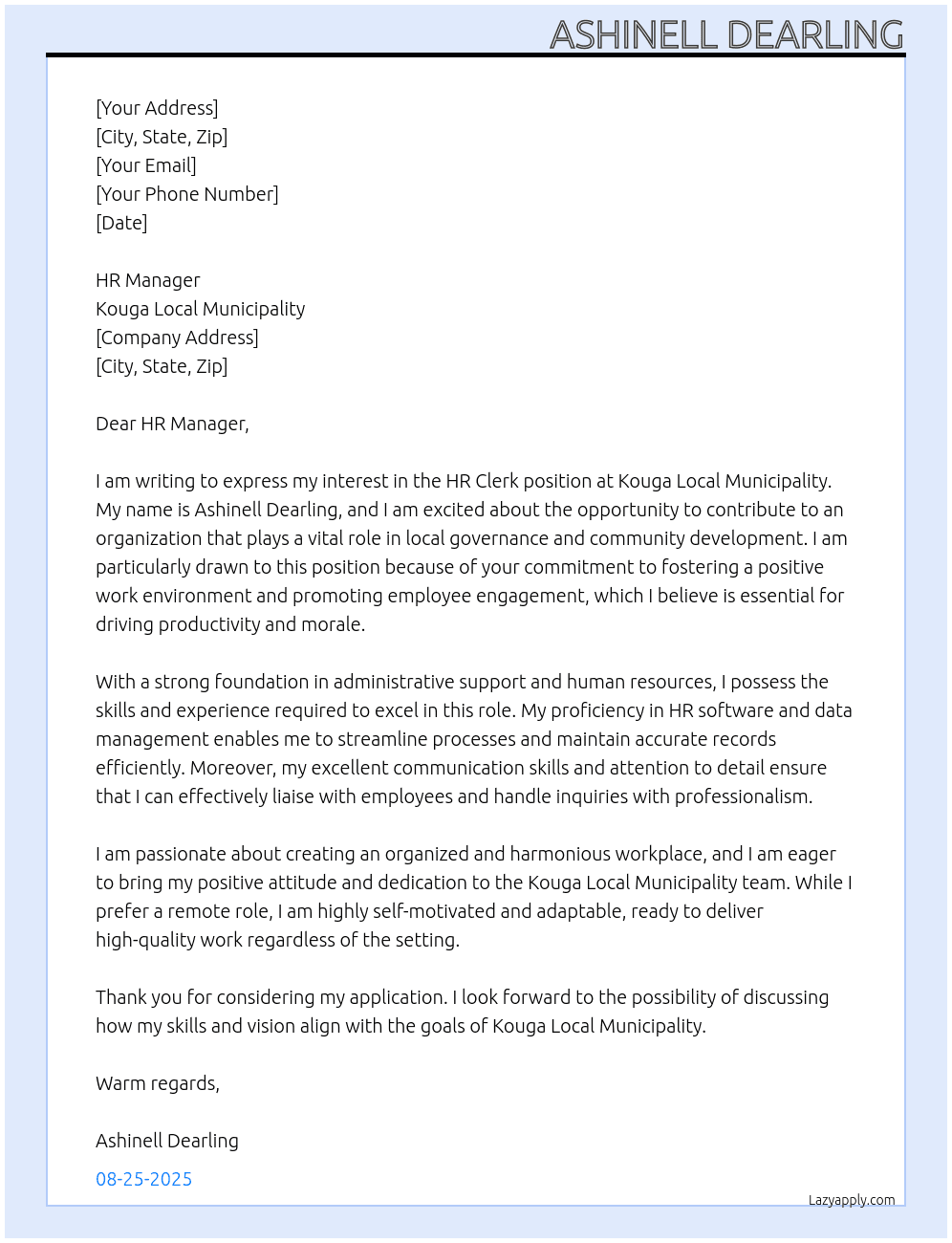 HR Clerk At Kouga Local Municipality Cover Letter