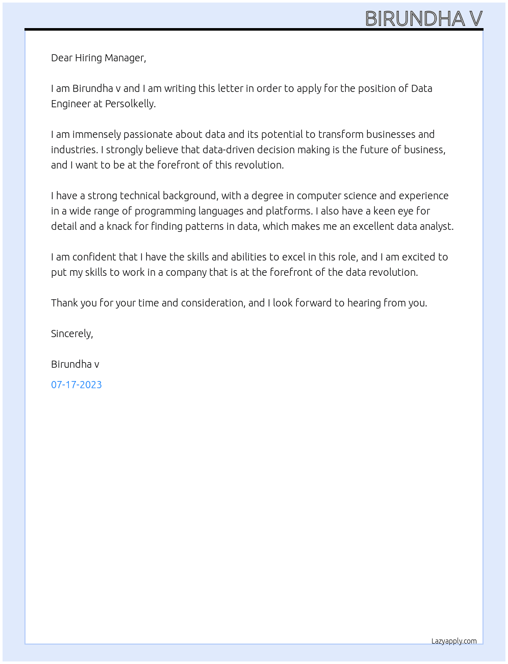 Data Engineer At Persolkelly Cover Letter
