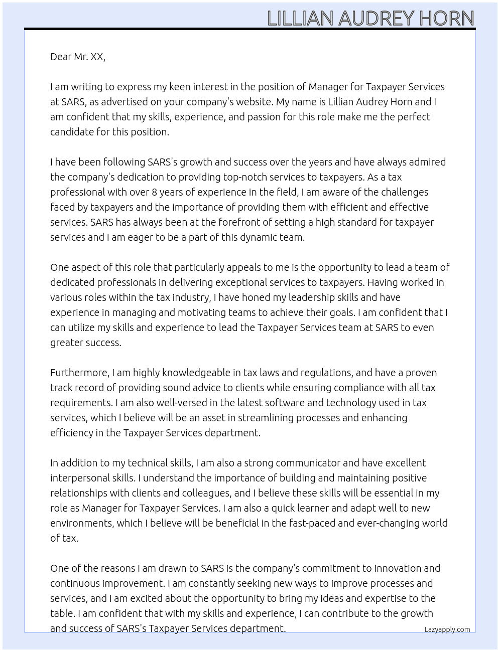 Manager: Taxpayer Services At SARS Cover Letter