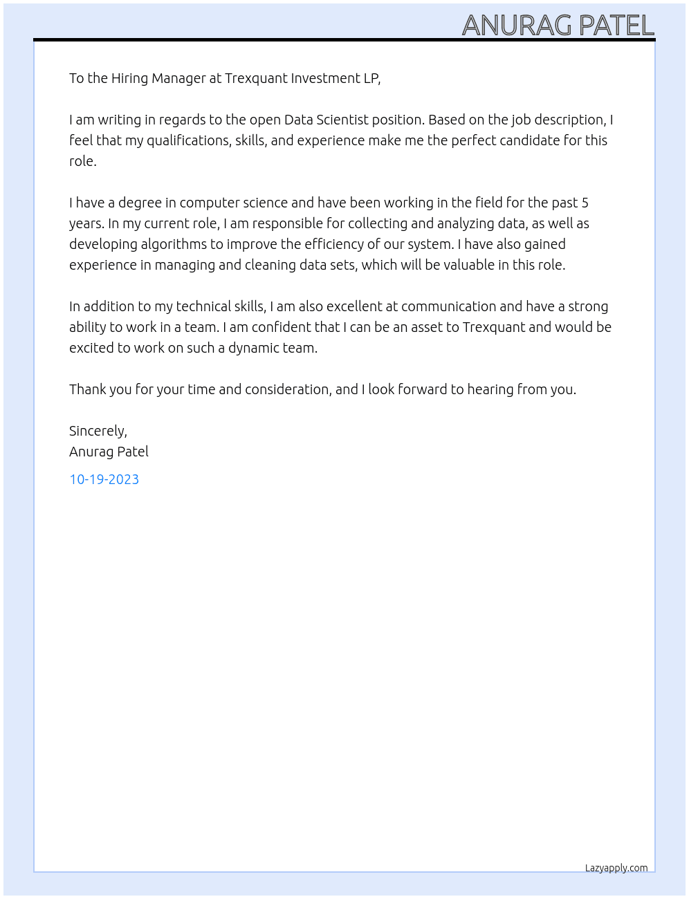 Data scientist At Trexquant Investment LP Cover Letter
