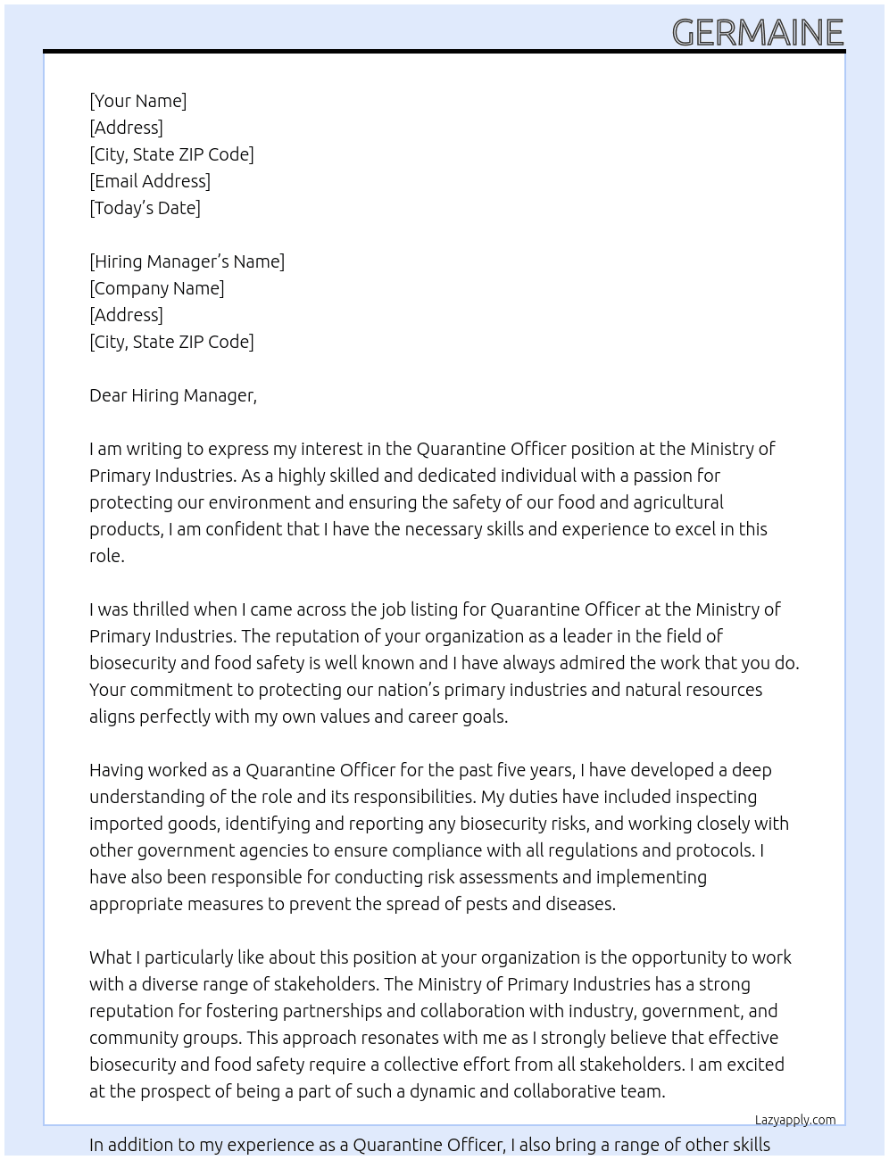 Cover letter for quarantine office - LazyApply