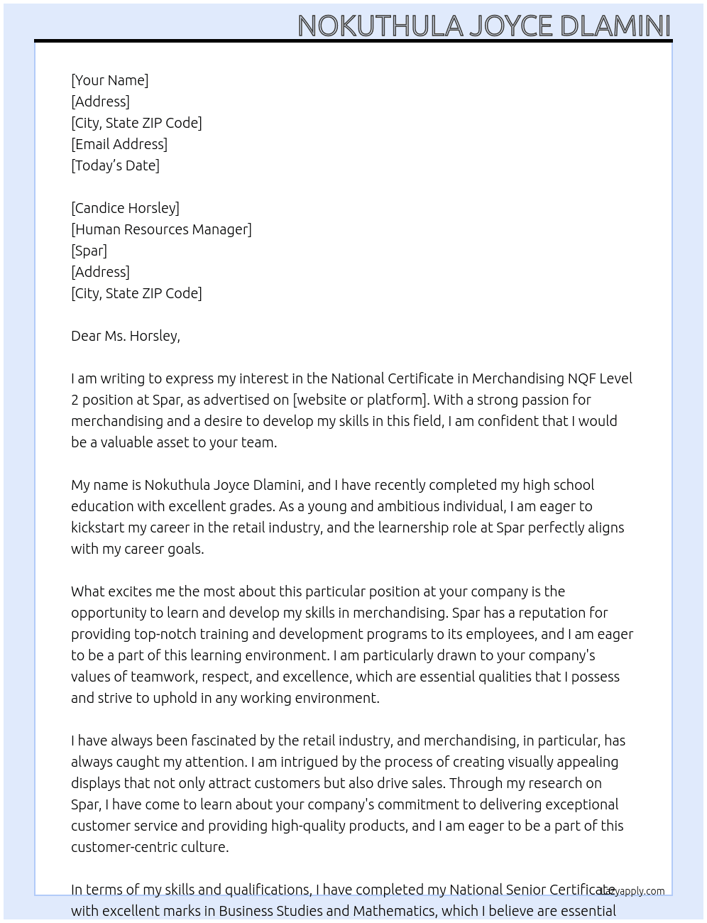 National Certificate in Merchandising NQF Level 2 At Spar Cover Letter