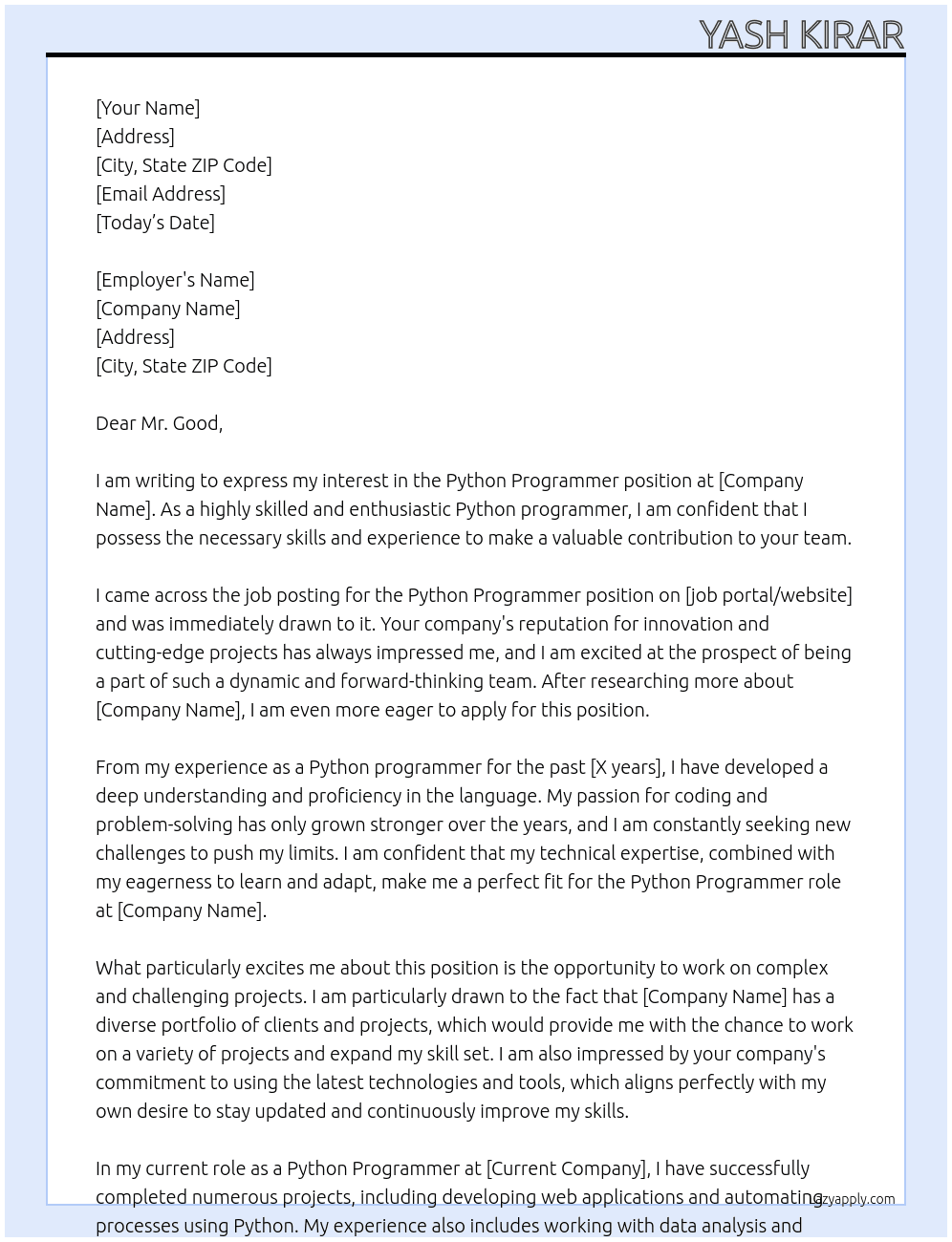 Python Programmer At anyone Cover Letter