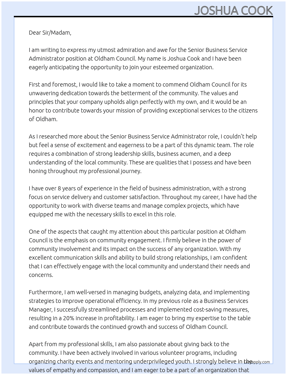 Senior Business  Service Administrator At Oldham Council Cover Letter
