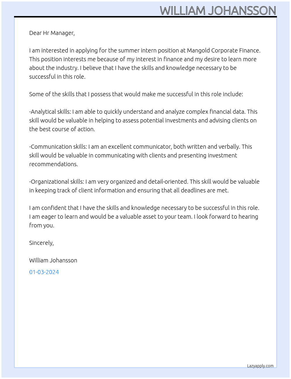 Summer intern At Mangold Corporate Finance Cover Letter