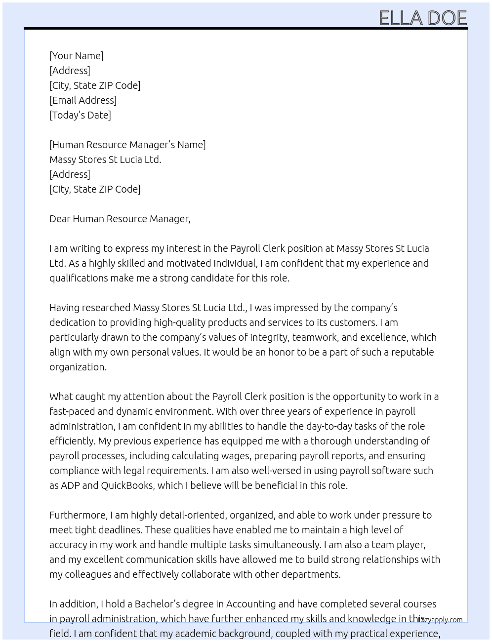 Payroll Clerk  At Massy Stores St Lucia Ltd. Cover Letter