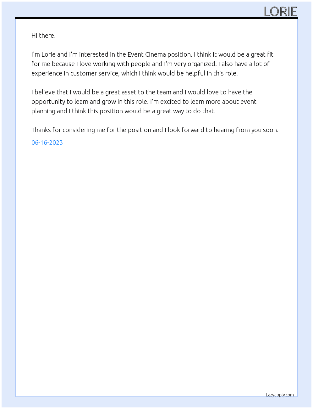 Event Cinema At Crew membee Cover Letter