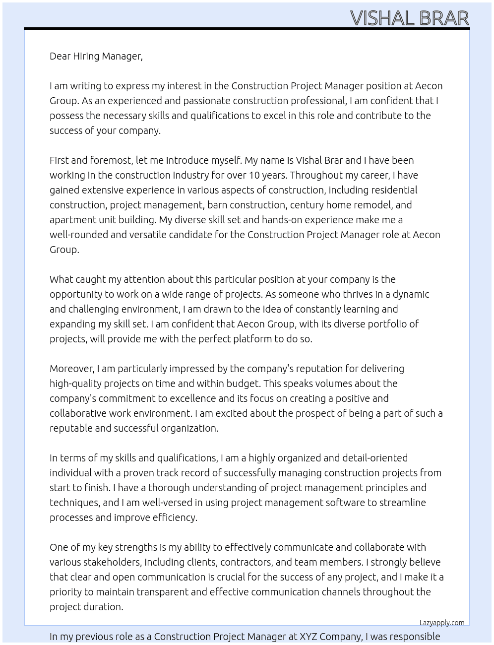 Construction Project Manager At Aecon Group Cover Letter
