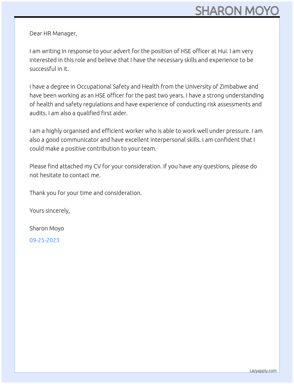 HSE officer At Hui Cover Letter