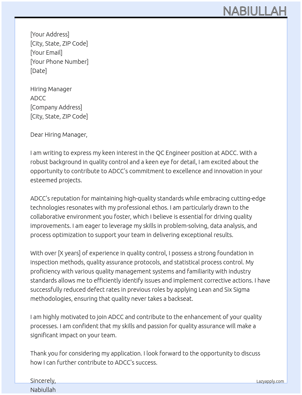 QC Engineer At ADCC Cover Letter