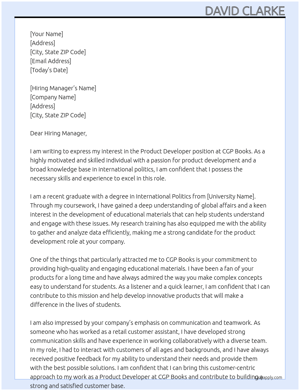 Product Developer At CGP Books Cover Letter