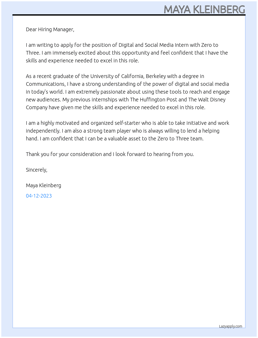 Digital and Social Media Intern At Zero to Three Cover Letter
