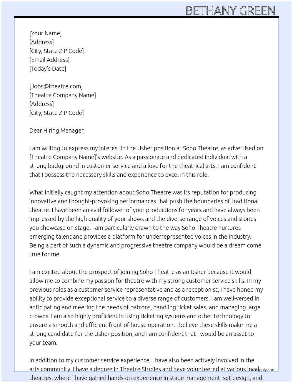 Usher At Soho Theatre  Cover Letter