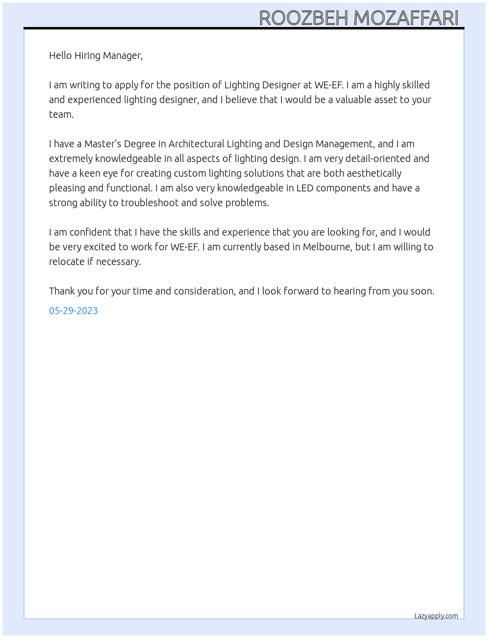 Lighting design At WE-EF Cover Letter