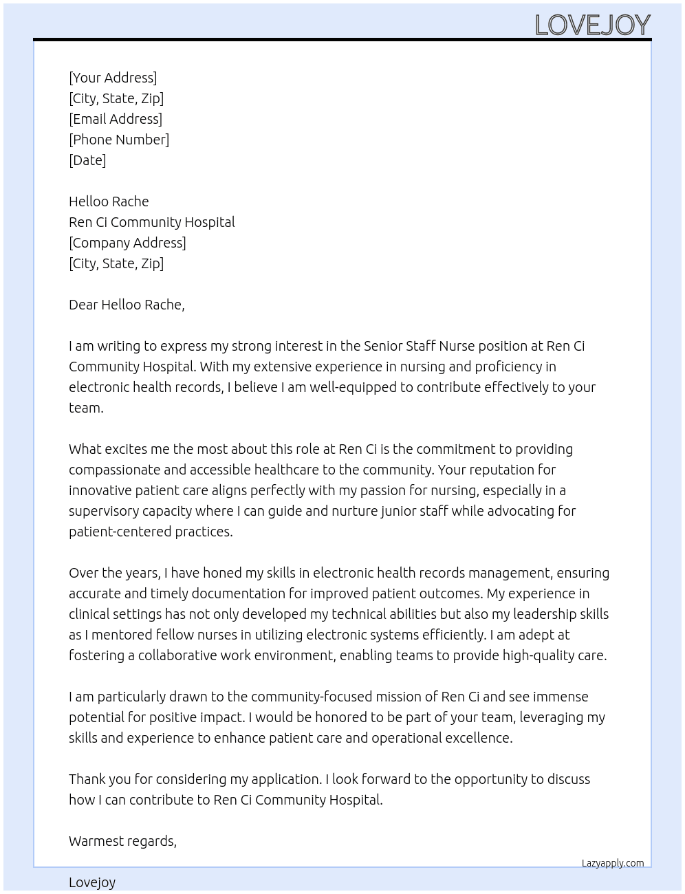 senior staff nurse At Ren Ci Community hospital Cover Letter