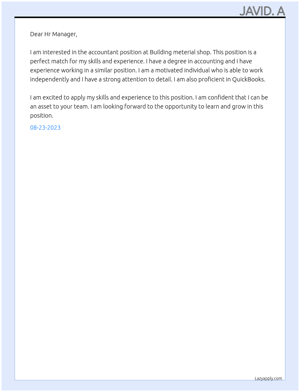 Accountant At Building meterial shop Cover Letter