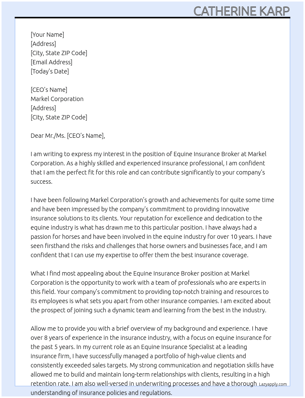 Equine Insurance Broker At Markel Corporation Cover Letter