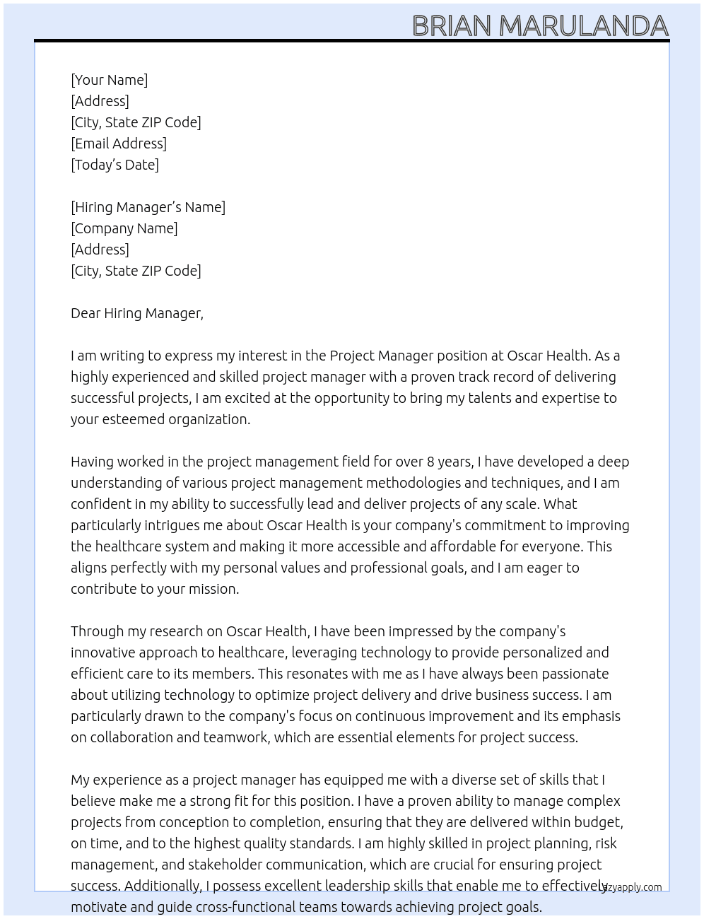 Project Manager At Oscar Health Cover Letter