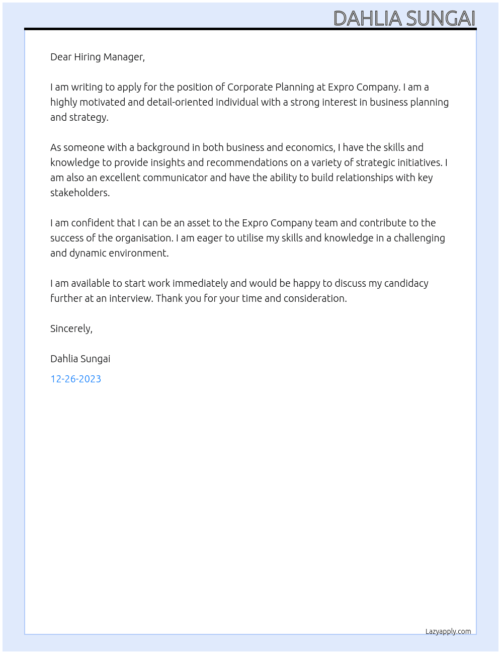 Corporate Planning At Expro Company Cover Letter