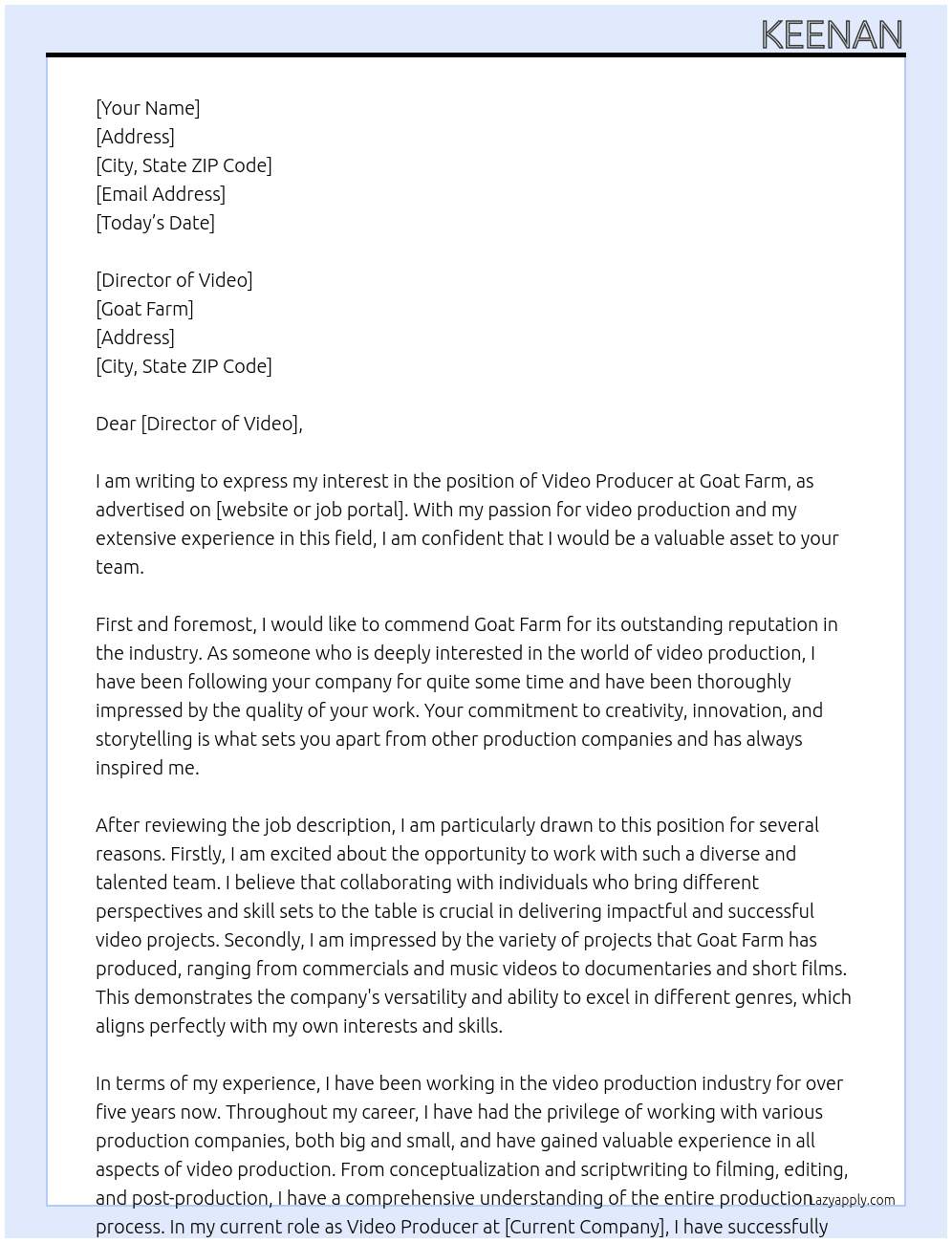 video producer At Goat Farm Cover Letter