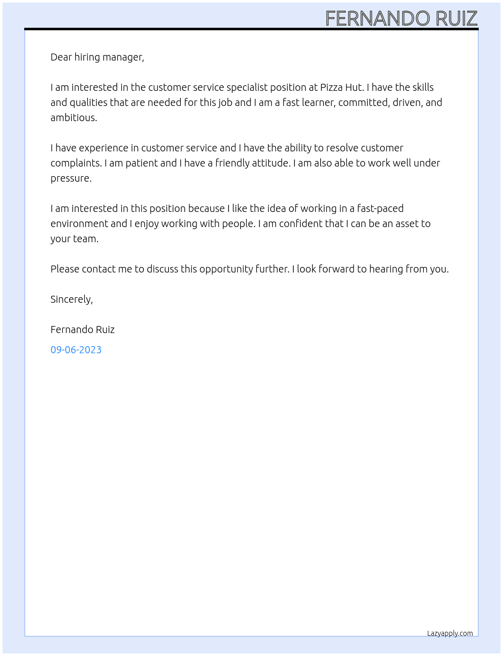 customer service specialist At pizza hut Cover Letter