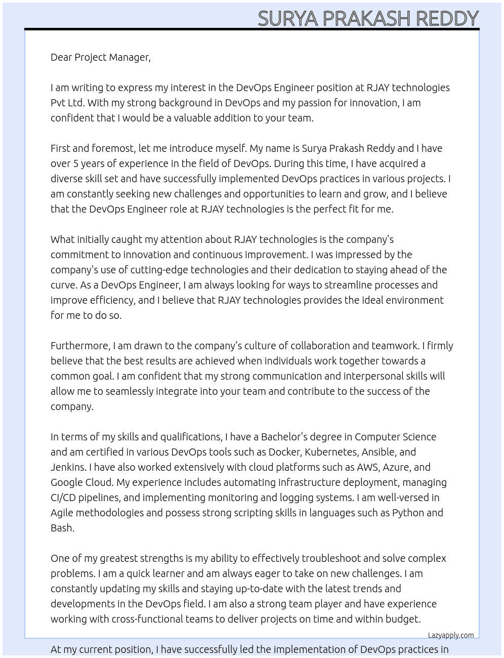 DevOps Engineer At  RJAY technologies Pvt Ltd Cover Letter