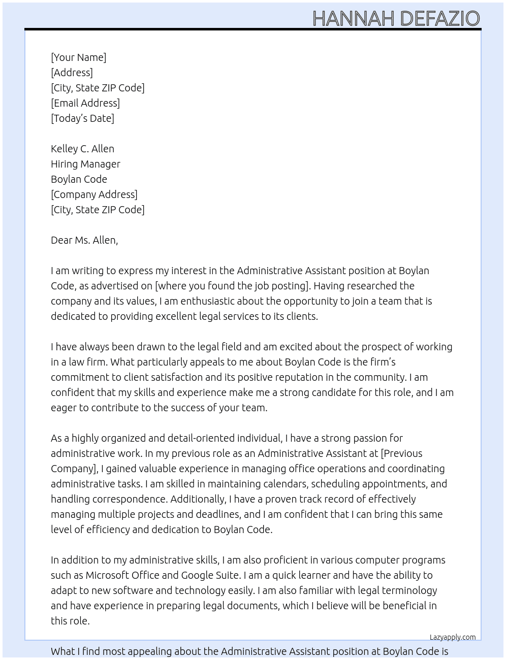 Administrative Assistant At Boylan Code Cover Letter