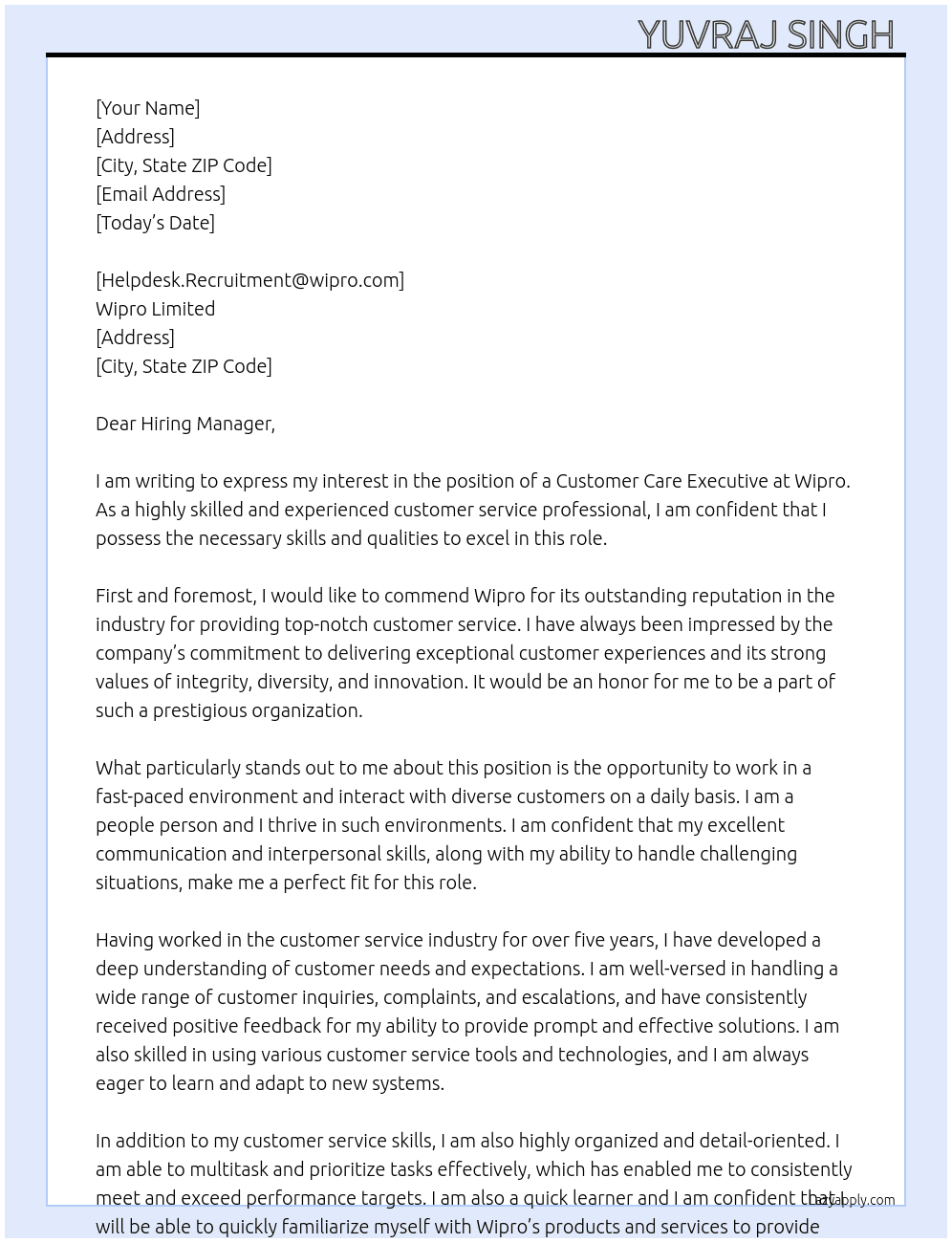 customer care executive  At wipro  Cover Letter