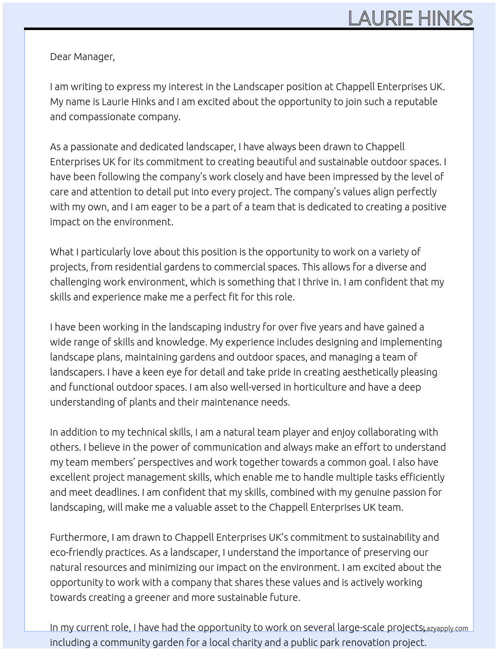 Landscaper At Chappell Enterprises UK Cover Letter