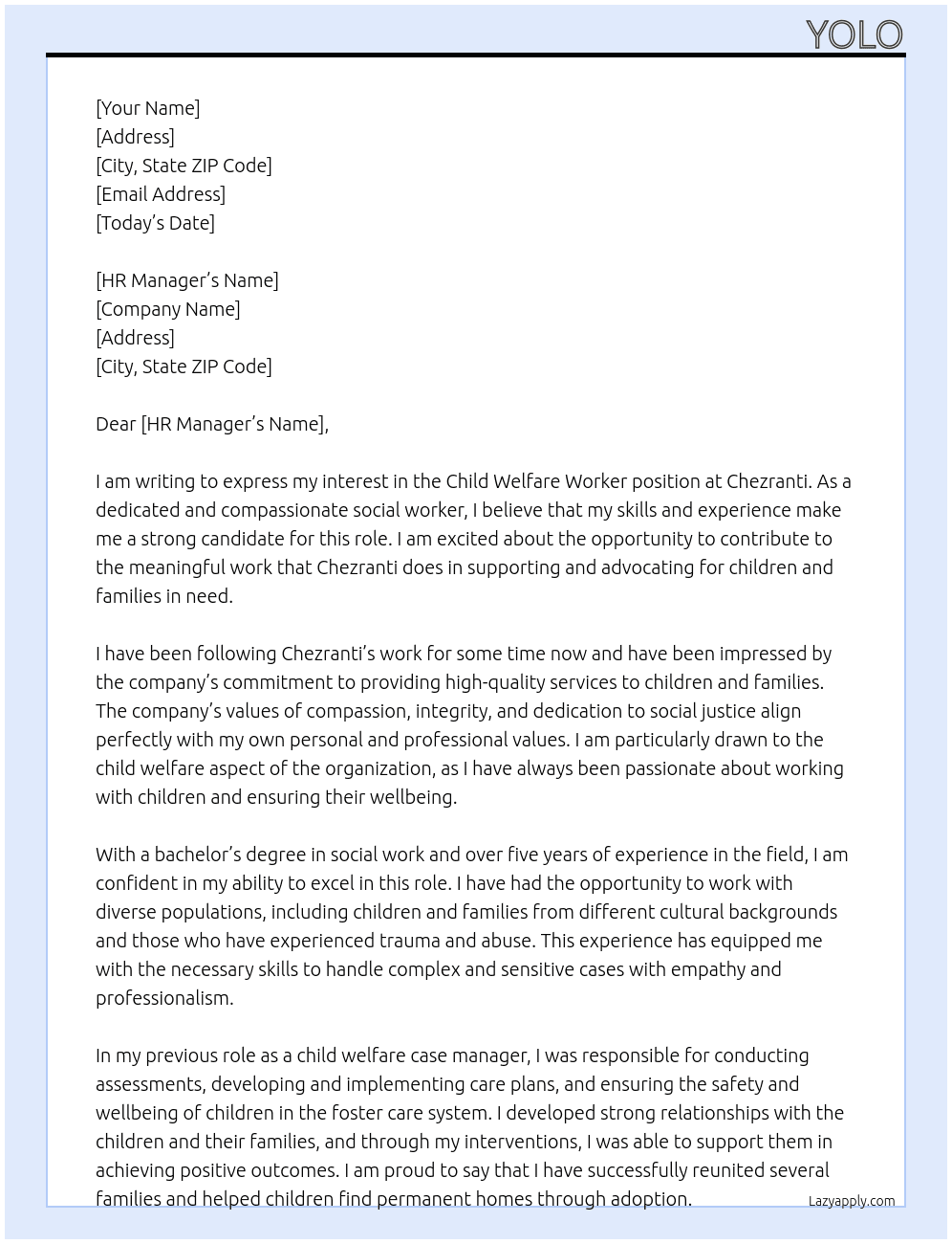 child welfare worker At chezranti Cover Letter