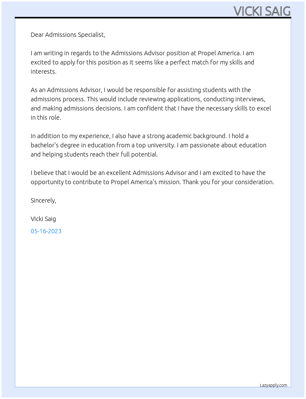 Admissions Advisor At Admissions Specialist  Cover Letter