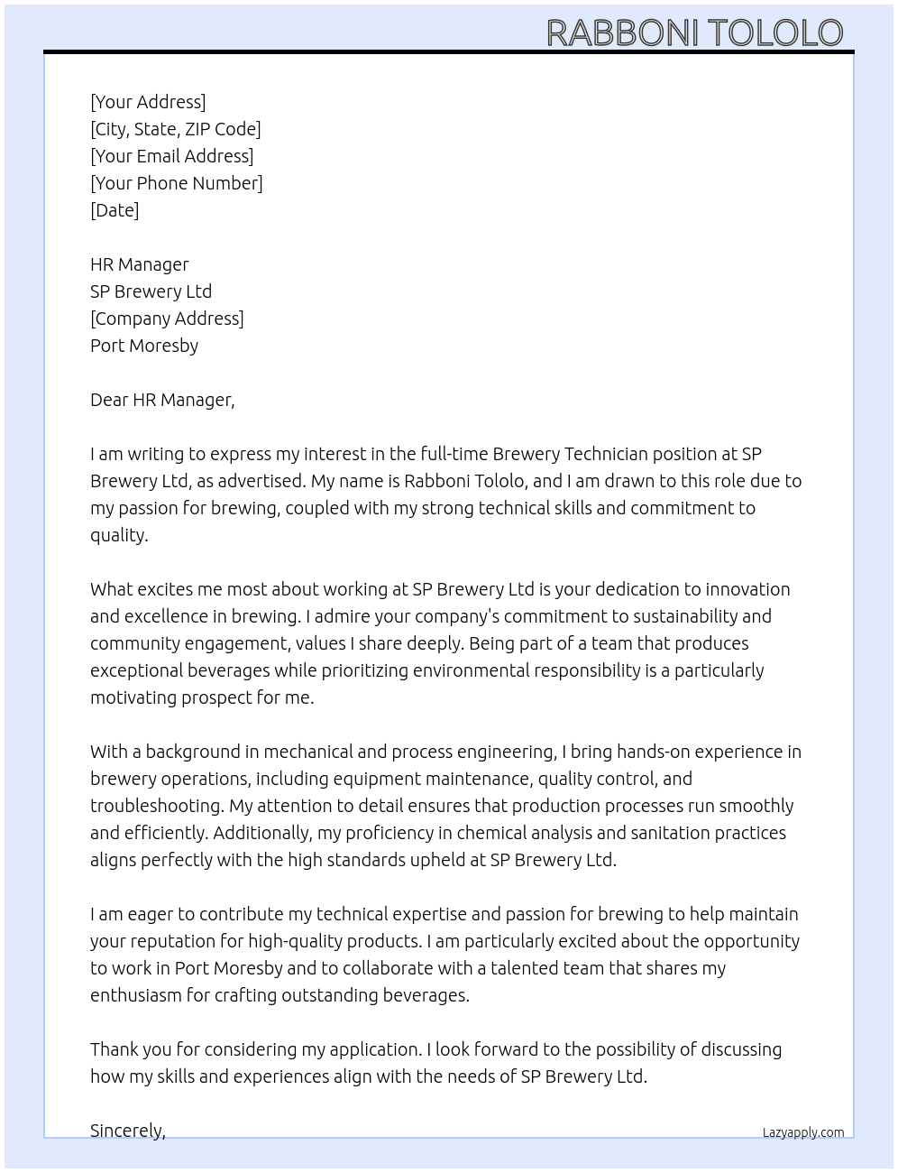 Cover letter for brewery technician - LazyApply