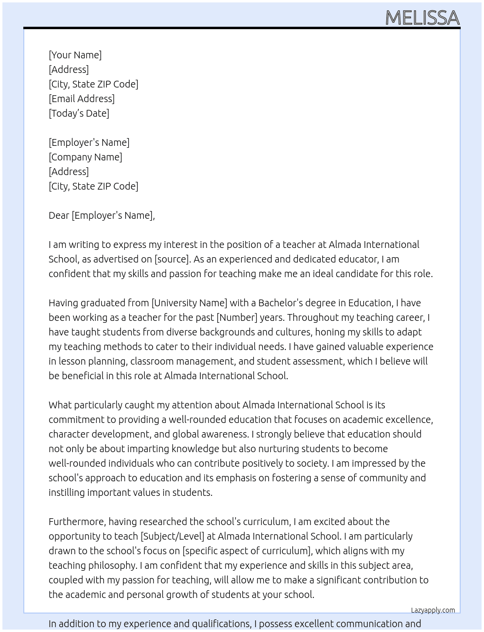 teacher At Almada International School Cover Letter