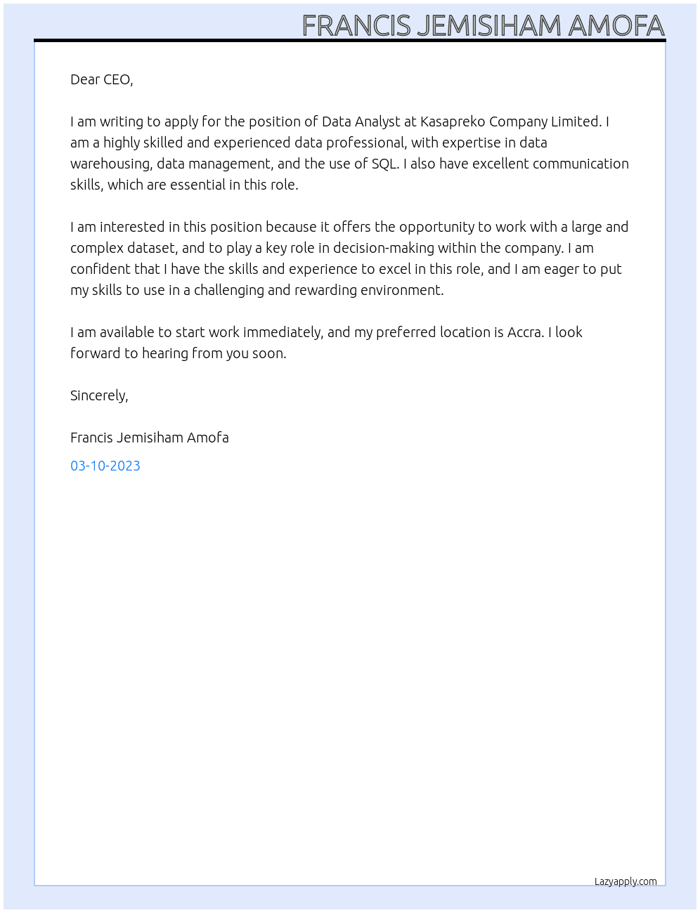 Data Analst At Kasapreko Company Limited  Cover Letter