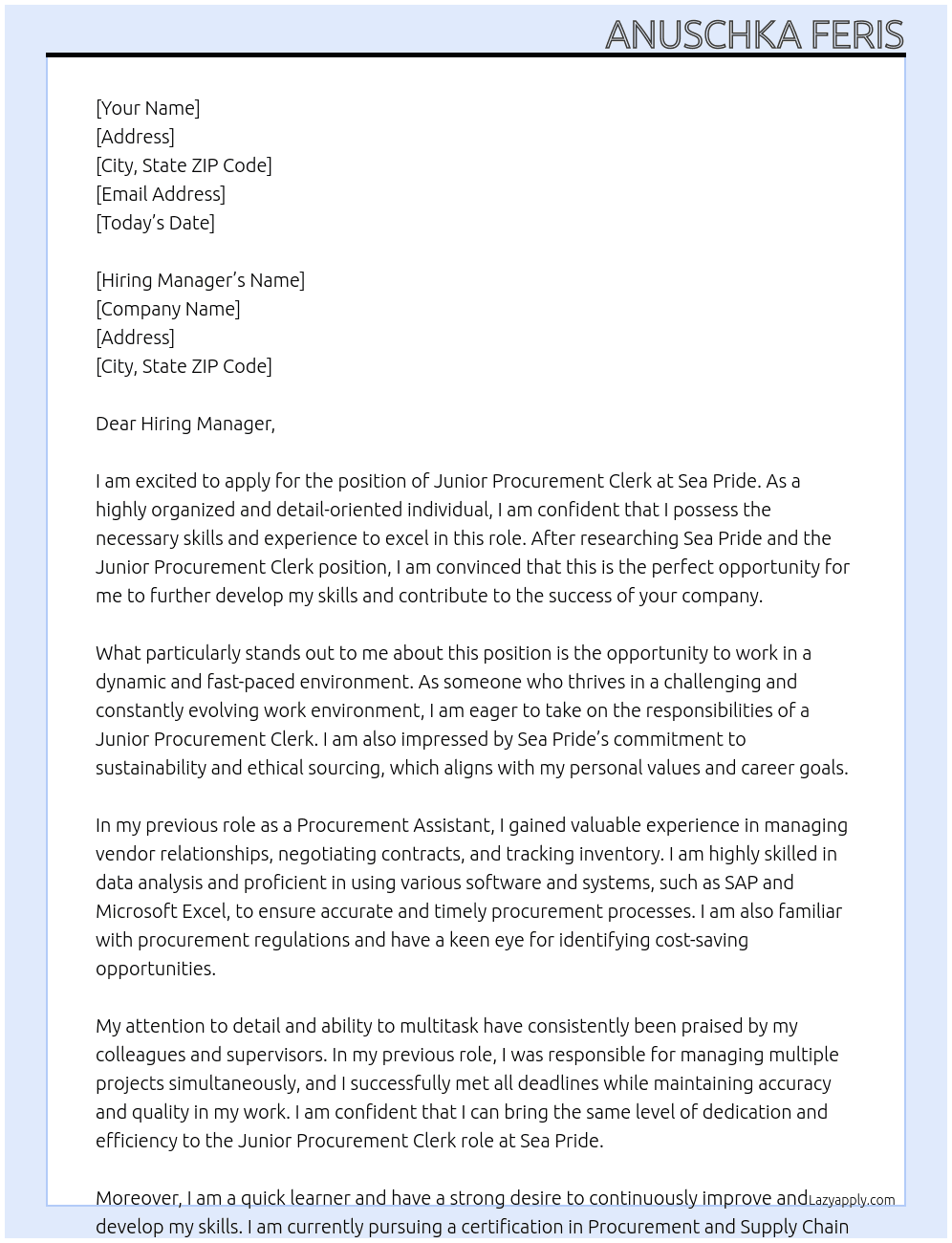Junior Procurement Clerk At Sea Pride Cover Letter