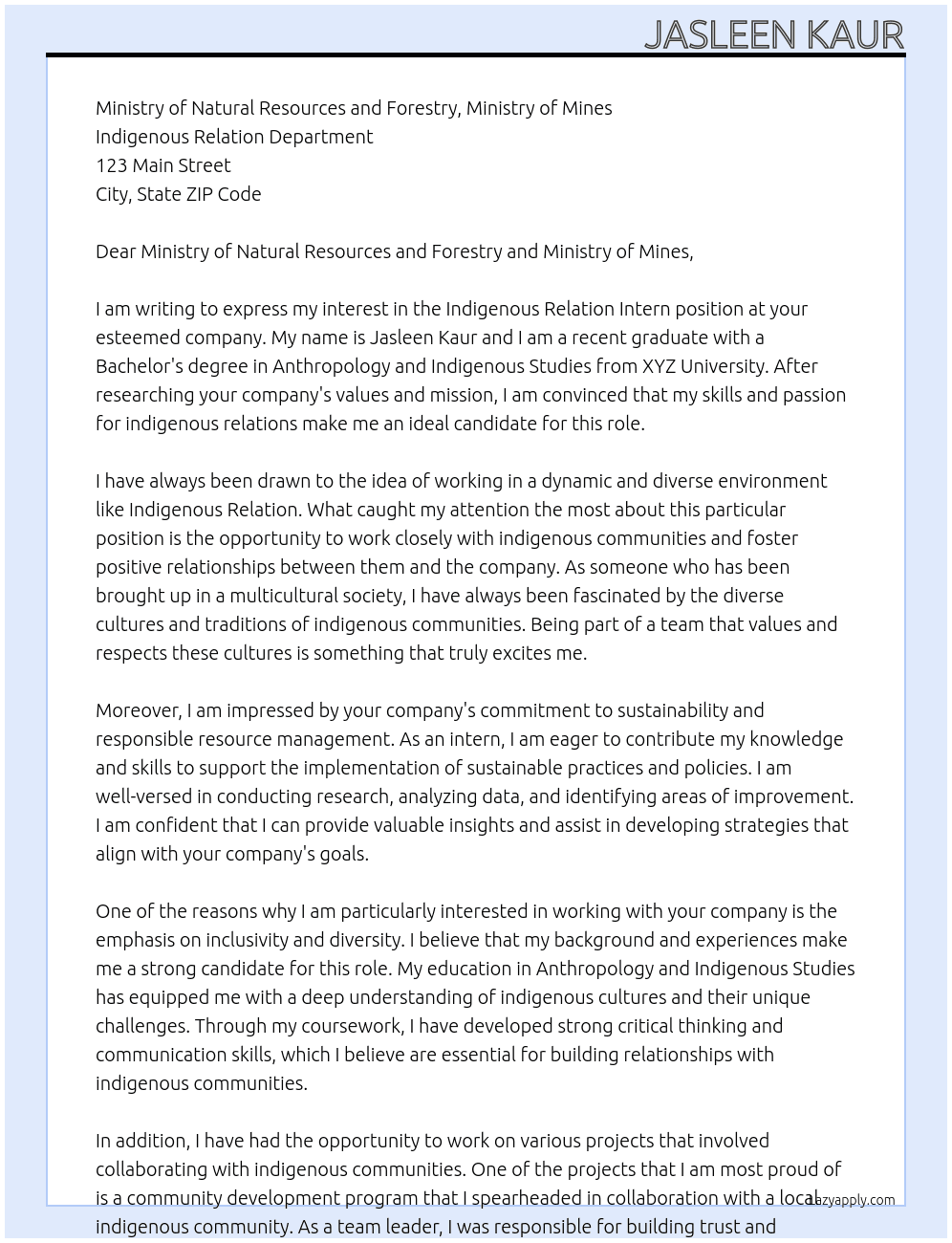 Indigenous relation intern At Indegenous Relation Cover Letter