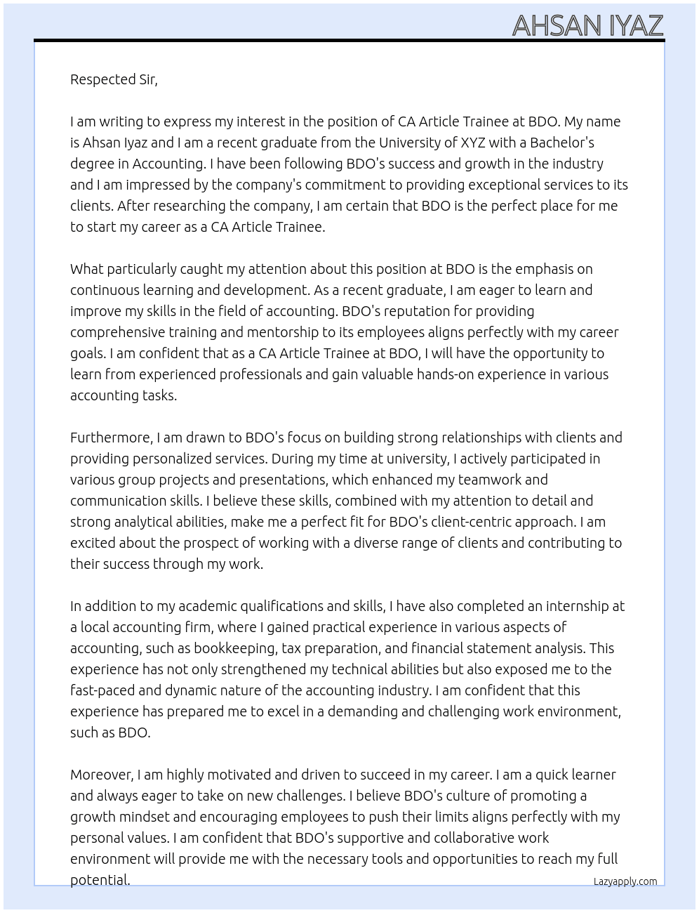 CA article trainee At bdo Cover Letter