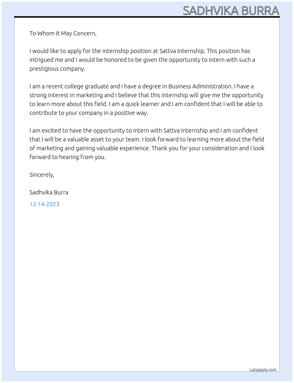 Internship At Sattva Internship  Cover Letter