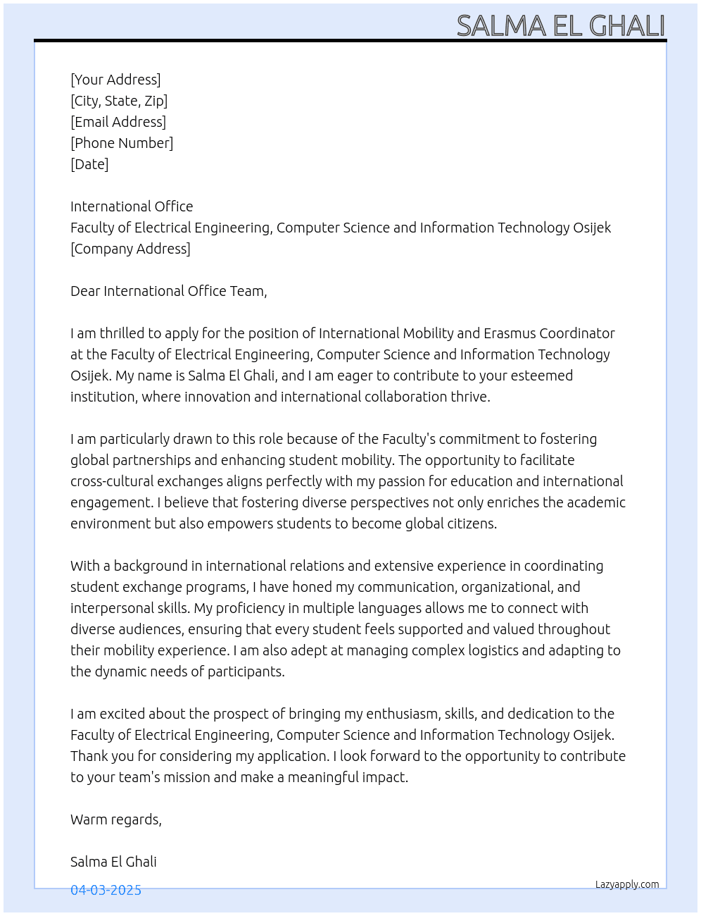 Cover letter for international mobility and erasmus coordonator - LazyApply