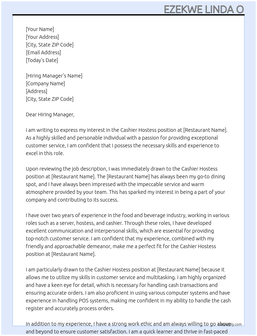 cashier hostess At resturant Cover Letter