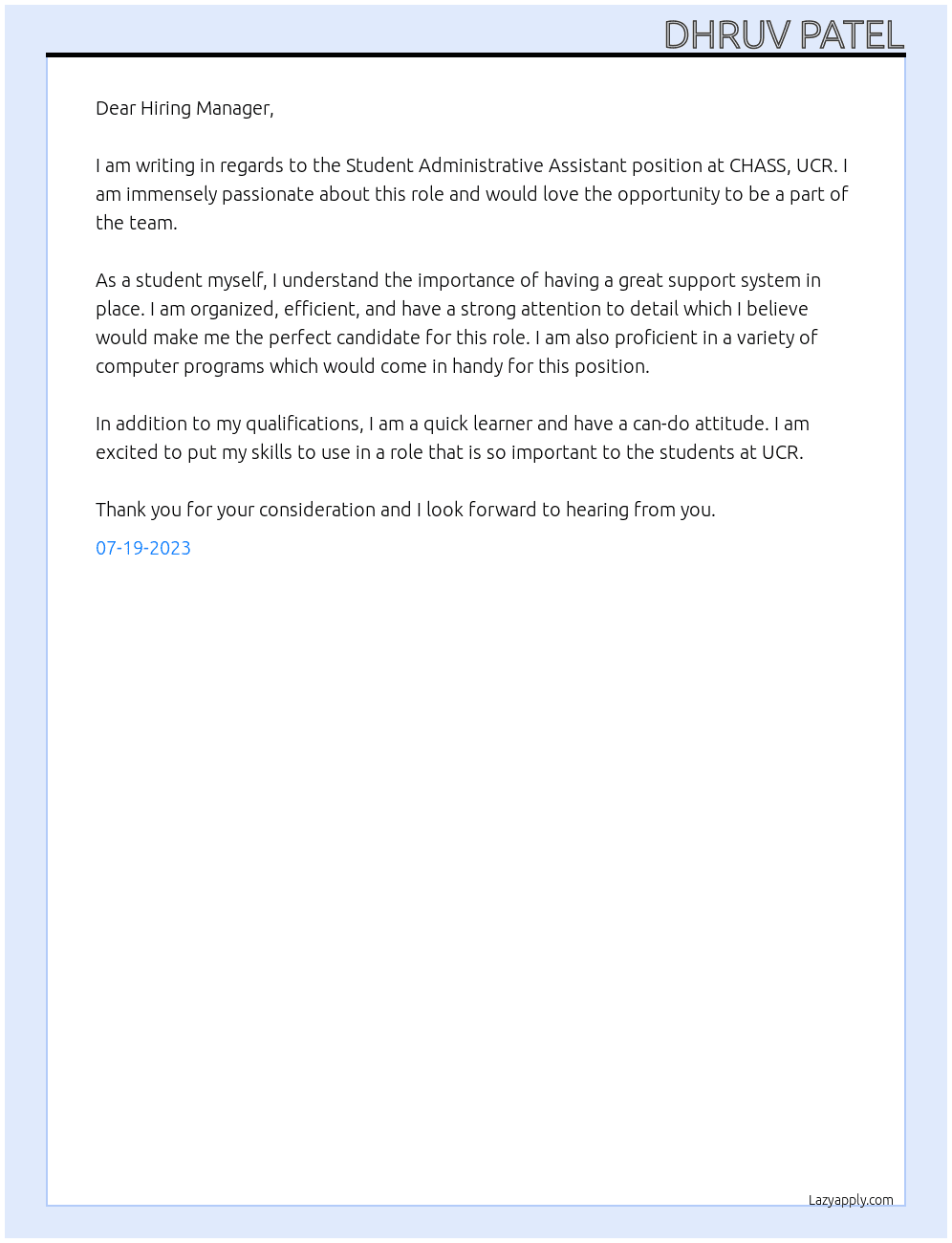 Student Administrative Assistant  At CHASS, UCR Cover Letter