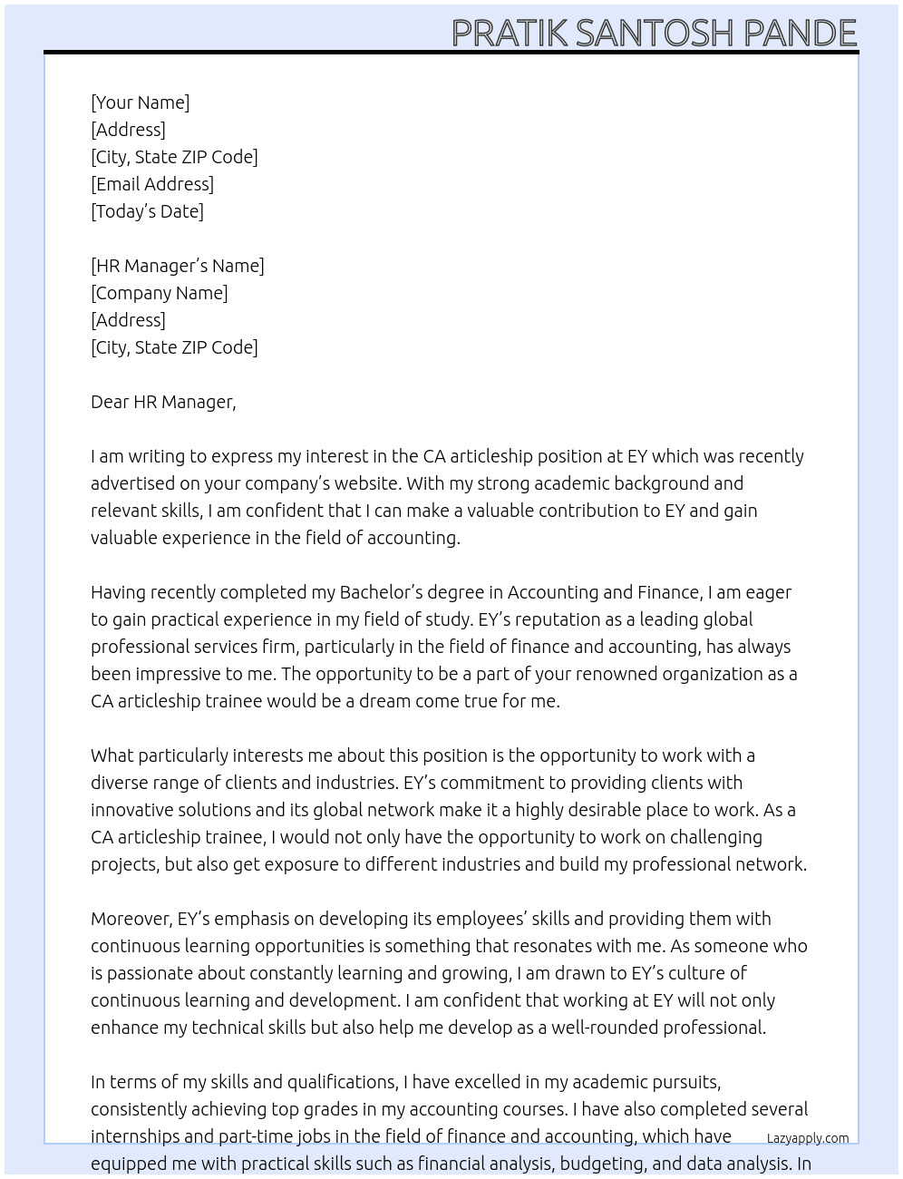 CA articleship At Ey Cover Letter