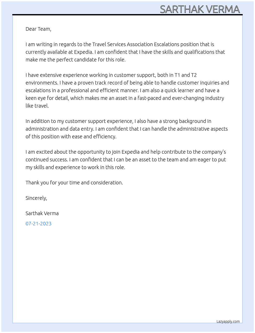 Travel Services Association Escalations At Expedia Cover Letter