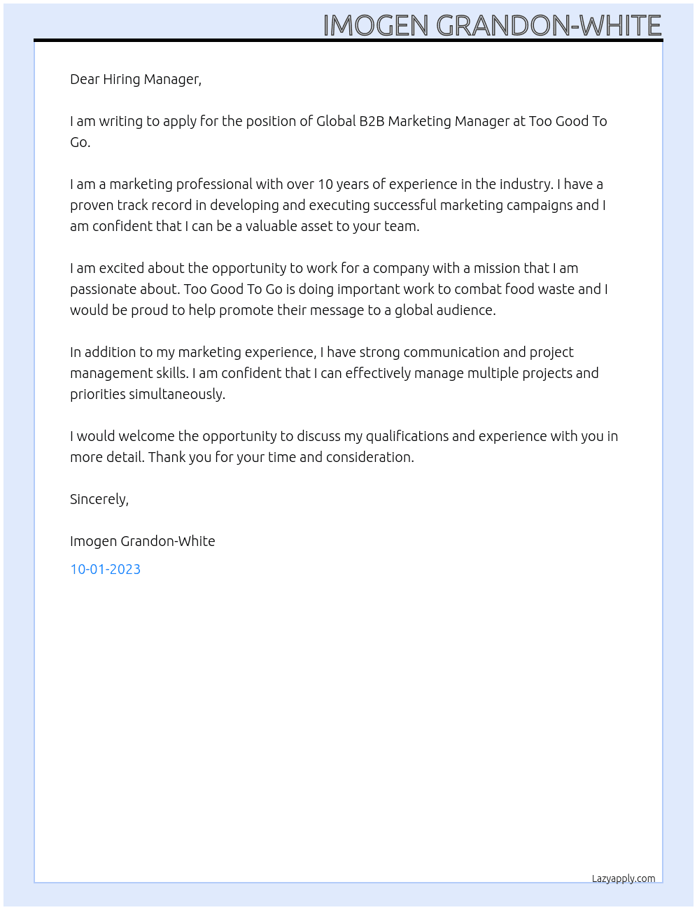 Global B2B Marketing Manager At Too Good To Go Cover Letter