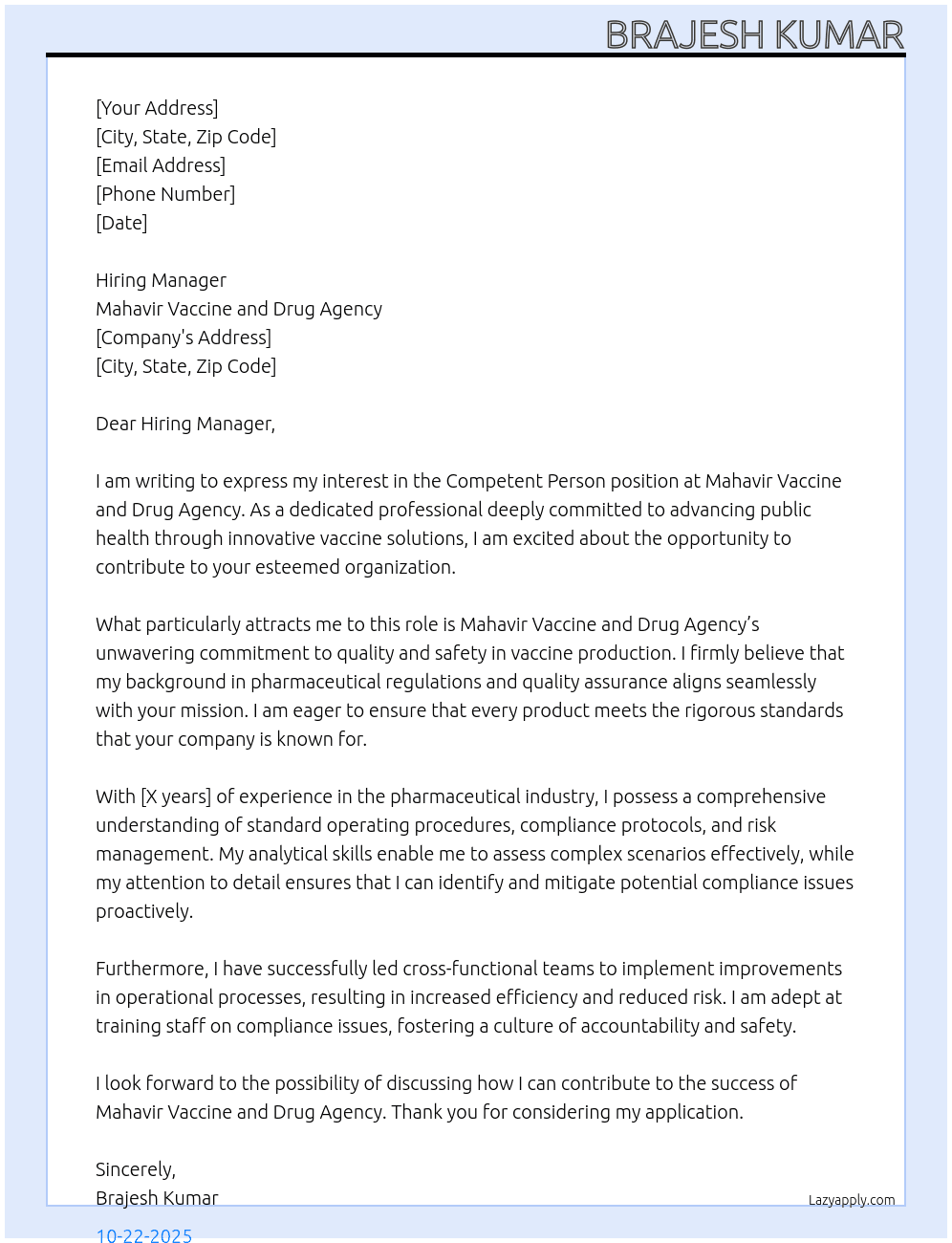 Cover letter for competent person - LazyApply